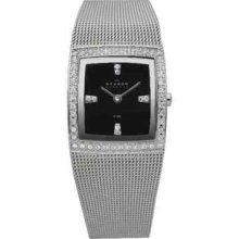 Skagen Denmark Womens Black Dial Crystal Accented Mesh Stainless Steel Watch