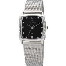 Skagen Ladies Black Dial Cz Square Case Mesh Steel Bracelet Watch 819sssb