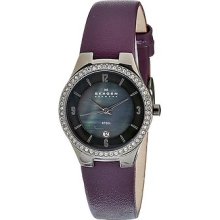 Skagen Mop Dial Crystal Accented Leather Band Womens Watch 630smlv
