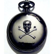 Skull Pocket Watch Steampunk Silver Skull and Bones Gothic Black Necklace or Chain Fob
