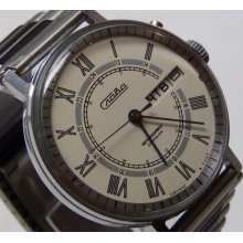 Slava Men's Silver 21Jwl Automatic Dual Calendar Made in U.S.S.R. Large Watch