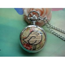 Small White Steel Silver Filigree Painted Small Fat Chick Round Pocket Watch Locket Necklaces with Chains