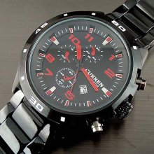 Sport Water Quartz Hours Date Hand Blue/red Dial Clock Men Steel Wrist Watch