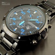 Sport Water Quartz Hours Date Hand Blue Dial Clock Men Steel Wrist W