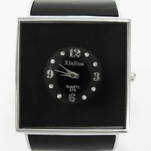 Square Quartz Women's Bangle Stainless Wrist Watch Black Crystal Hour Marks