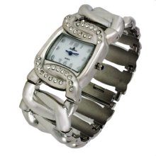 Square White Face Crystal Bezel Silver Wide Link Chain Bracelet Watch