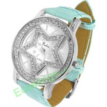 Star Design Dial + Rhinestone Ladies Leather Band Watch Sky Blue