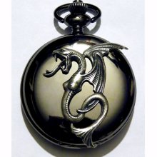 Steampunk Black Gun Metal and Silver Snake Demon Winged Goddess Pocket Watch Necklace or Chain Fob