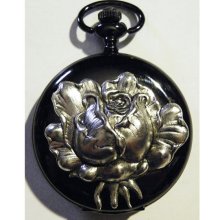 Steampunk Black Gun Metal and Silver Victorian Large Rose Pocket Watch Necklace or Chain Fob