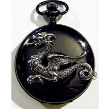 Steampunk Black Gun Metal and Silver Griffin Dragon Pocket Watch Necklace or Chain Fob