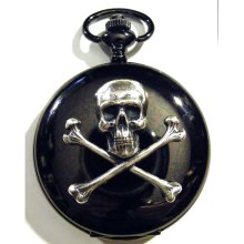 Steampunk Black Gun Metal and Silver Skull Pocket Watch Necklace or Chain Fob