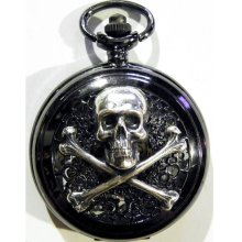 Steampunk Gothic Skull Crossbones Black Noir Pocket Watch Necklace or Fob
