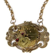 Steampunk Jewelry Necklace Vintage Gold Pocket Watch Anniversary Wedding GARNETS Mesh Rose BEAUTIFUL - Steampunk Jewelry by edmdesigns