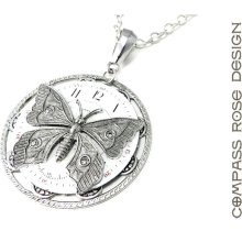 Steampunk Jewelry Silver Time Flies Antique Pocket Watch Face Pendant with Silver Victorian Butterfly