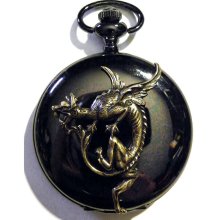 Steampunk Pocket Watch Black Gun Metal and Golden Brass Dragon Necklace or Chain Fob