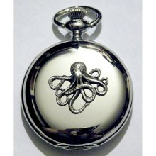 Steampunk Silver Mirror Octopus Pirate Sailor Pocket Watch Necklace or Chain Fob