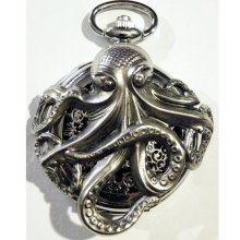 Steampunk Silver Octopus Pocket Watch and Silver chain fob