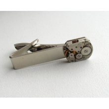 Steampunk Tie Clip, with the smallest vintage watch movement . Vintage upcycled mens Tie Tack, Industrial chic, Gift under 30 Dollars
