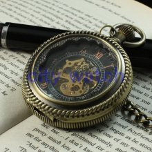 Steampunk Watch--Vintage Brass Steampunk Magnifying Skeleton Mechanical MEN pocket watch chain