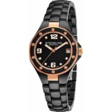 Stuhrling Original 155.11OB30 Womens Quartzandamp;#44; Black Ceramic Case and Bracelet with Black Dial with Rose Gold Accent