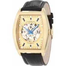 Stuhrling Original 182C.333531 Mens Skeleton Watch Goldtone Tonneau-Shaped Case with Goldtone Skeletonized Dial on Black Leather Strap