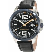 Stuhrling Original 219C.331551 Mens Swiss Quart Stainless Steel Case with Black Dial-Blue Bezel on Black Leather Strap