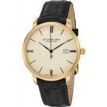 Stuhrling Original 307L.333515 Mens Swiss Made Kingston Quartz Date Ultra Slim Yellow Gold on Black Leather Strap with Goldtone Dial Watch