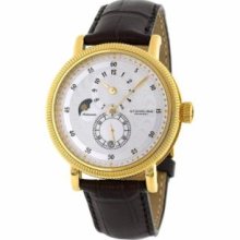 Stuhrling Original 97.3335K2 Mens Classic Concerto Maestro Slim Swiss Quartz with Yellow Gold Plated Stainless Steel Case Silver Dial and Brown Leather Strap Watch