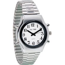 Tel Time Mens Chrome Talking Watch White Face Expansion Band