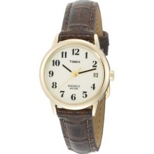 Timex Ladies EZ-Reader Gold Case Brown Strap Watch