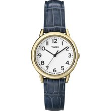 Timex Women Classic Watch Gold Tone Case Blue Leather Strap Arabic Numerals