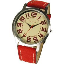 TOKYObay Unisex Track Large Analog Stainless Watch - Red Leather Strap - Beige Dial - T155-RD