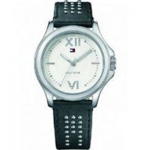 Tommy Hilfiger Womens Black Leather Stud White Dial Logo Watch 1781112