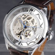 Top Sales Men's Rock Skeleton Clock Mechanical Leather Strap Analog Wrist Watch