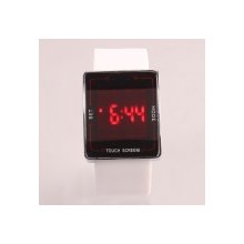 Touch Screen Square Surface Digital Display Red LED Light Silicone Band Iron Case White Wrist Watch