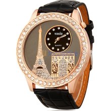 Tower Design Water Resistant Quartz Movement Analog Watch with Faux Leather Strap (Black)