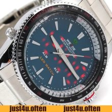 Trendy Mens Stailess Steel Quartz Wrist Watch Army Sport Style Dual Time Led Red