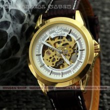 U186 - Fashion Brown Leather Men's Automatic Mechanical Wrist Watch Gold + White