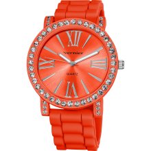 Vernier Ladies Oversized Crystal Bezel Roman-numeral Silicone Strap Quartz Fashion Watch (Orange)