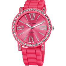 Vernier Ladies Oversized Crystal Bezel Roman-numeral Silicone Strap Quartz Fashion Watch (Pink)
