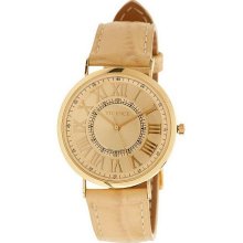 Vicence Small Round Roman Numeral Dial Leather Strap Watch, 14K - Beige - One Size