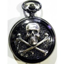 Victorian Style Steampunk Silver Skull Crossbones On Black Noir Pocket Watch