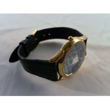 Vintage 1980s Fossil Faceted Crystal Prism Watch. Blk Dial, Goldtone, New Leather Band. Model PC-9271