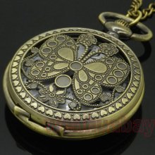 Vintage Antique Bronze Butterfly Quartz Big Pocket Watch Necklace Chain Gift P40