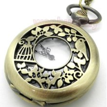 Vintage Bird Flower Hollow Quartz Pocket Watch Necklace Pendant Gift P102