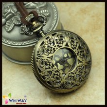 Vintage Bronze Floral Leather Necklace Pocket Watch