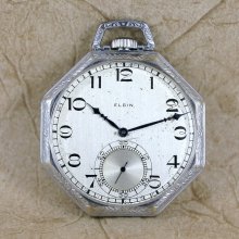 Vintage Elgin Pocket Watch - circa 1924 - 7 Jewel - 12 Size - Deco Style Case - Silver Tone Case - Mechanical Wind - 8 Side Ornate Case