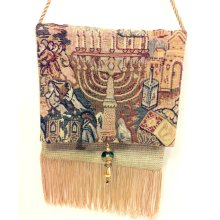 Vintage Jewish Folk Menorah Cross Body Purse with Fringe and Beadwork