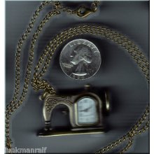 Vintage Looking Sewing Machine Bronze Tone Quartz Pocket Watch Necklace.