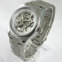 Vintage Men Skeleton Hand-winding Mechanical Silver Stainless Steel Wrist Watch